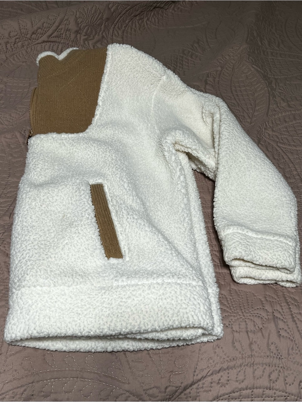 Cream/Ivory fleece-Sherpa Jacket with Tan Accents